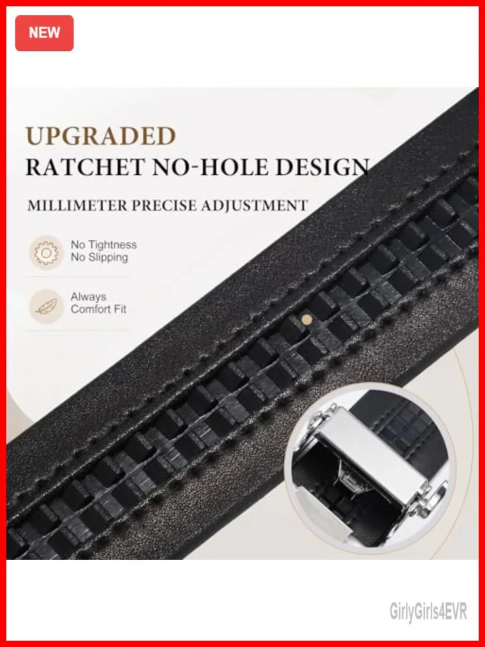 Women's Ratchet Leather Belt, Micro-Adjustable No Holes, Automatic Sliding